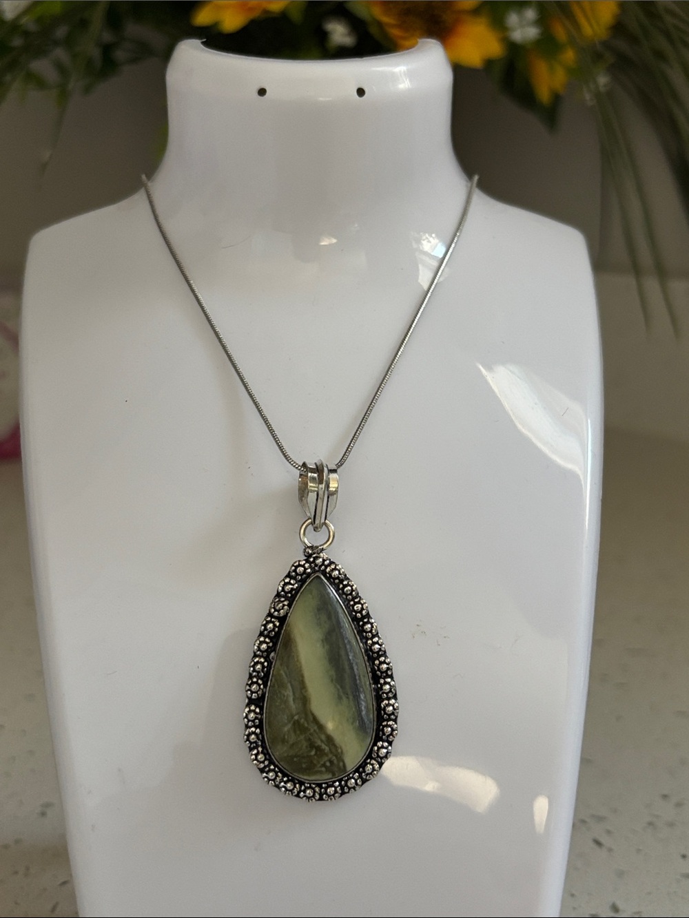 Sterling Green Larsonite Jasper Gemstone Teardrop Pendant Necklace
